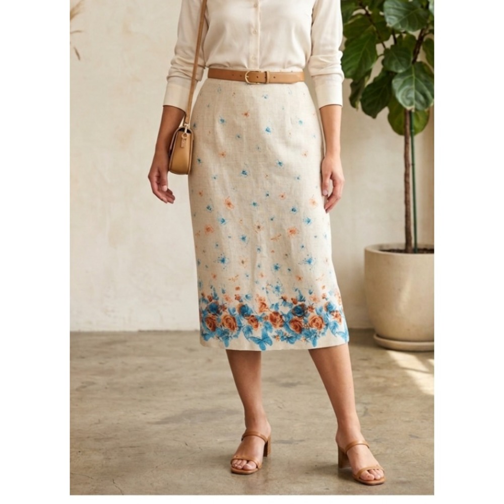 Vintage Y2K Mary McFadden Linen Floral Midi Skirt 10 Beige Butterfly Cottage Art